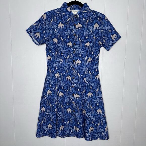 Boozelele Dresses & Skirts - Boozelele Women’s Cotton Shirt Dress Elephant Jungle Print Blue Size Small